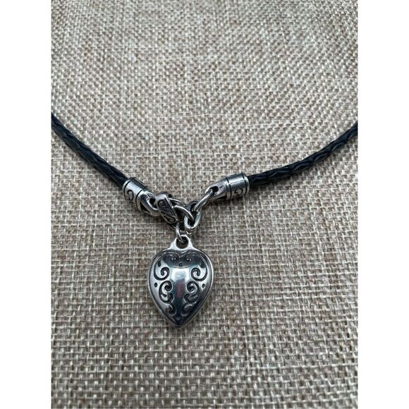 Brighton Silver Tone and Black Leather Braided Heart Charm Necklace 17” - Picture 5 of 7